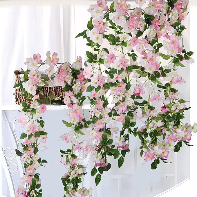CISDUEO Artificial Cherry Blossom Flower Vine Pink Hanging Cherry Blossom Flower Silk Garland Hanging Vines Faux Flowers for Outdoors Spring Wedding Party Home Table Centerpiece Arrangement Decor