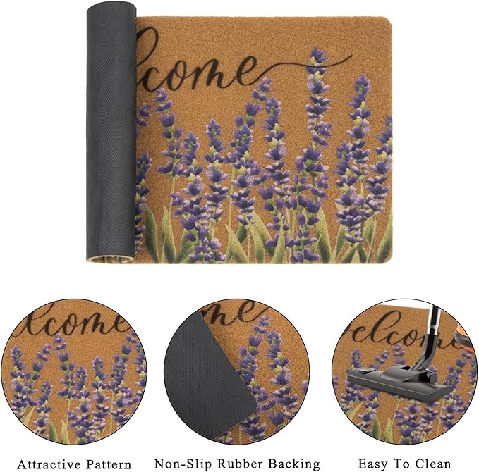 Lavender-Welcome-Doormat for Indoor Outdoor Entrance Floral-Spring-Summer-Door-Mats Non Slip Coir Seasonal Doormat 17 x 29 Inches