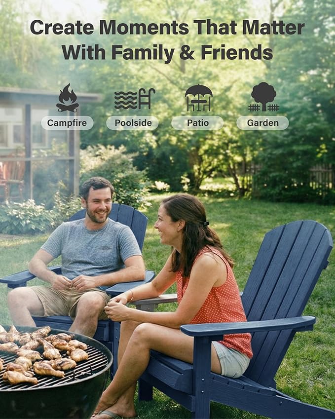 YEFU Adirondack Chairs Set of 8: Outdoor Chair HIPS Plastic Adirondack Chairs - Patio Chairs with Wood Texture - Lawn Fire Pit Deck Porch Garden Chairs for Adults (Navy Blue)