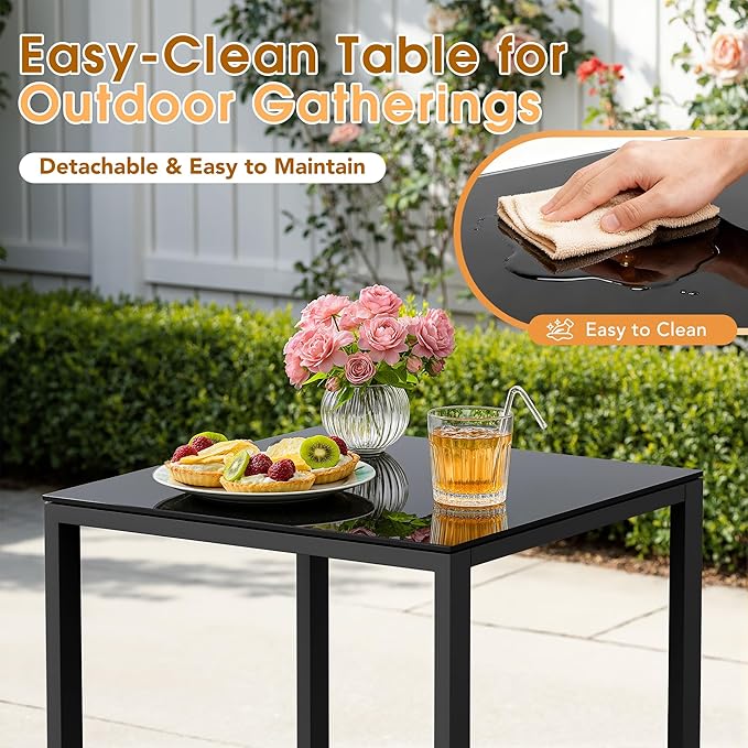 Greesum 3 Pieces Outdoor Furniture Set Patio Bistro Rocking Chairs with Glass Coffee Table for Pool Beach Backyard Balcony Porch Deck Garden, Black