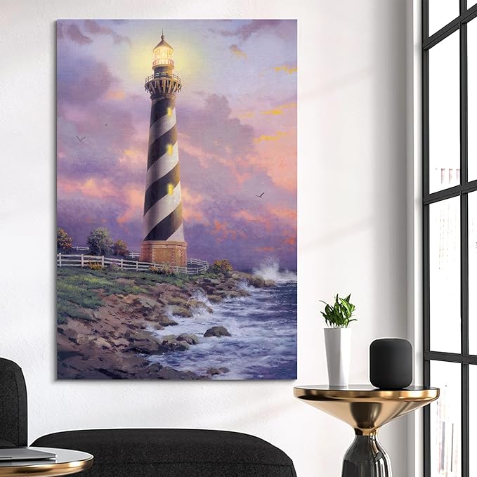 STUDIO HAVEN Thomas Kinkade Canvas Wall Art, Black and White Striped Beacon Glowing Lantern Crashing Waves Twilight Oil Painting Poster Nautical Wall Decor, Framed Prints for Home Decor, 16x24Inch