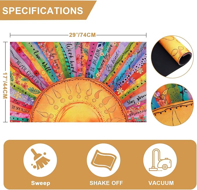Likiyol Boho Sun Door Mat Outdoor Indoor, Colorful Floral Welcome Doormat with Inspirational Quotes for Front Door, Entryway, Non Slip Washable Rubber Door Rug, Low Profile, Absorbent, 18'' x 30''