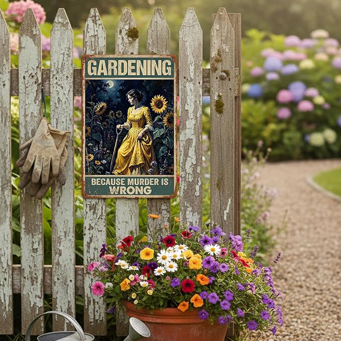 Funny Gardening Tin Sign - "Gardening Because Murder Is Wrong" Vintage Aluminum Wall Art - 8x12 Inch Garden Decor - Metal Sign Humorous Gift for Shed, Women, Mom, Gardeners, Housewarming