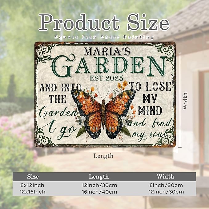 Custom Garden Signs Personalized Metal Tin Sign for Women, Retro Funny Butterfly Metal Sign for Outdoor, Patio, Yard Rustic Home Decor Gift for Mothers Day, Grandmas, and Gardening Lovers