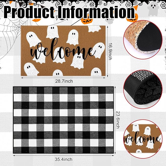 Tinideya 2 Pcs Halloween Door Mat White Ghost Welcome Non Slip Coir Mats Black White Buffalo Plaid Floor Layering Doormats Seasonal for Front Porch Entryway Decor(Plaid Ghost)