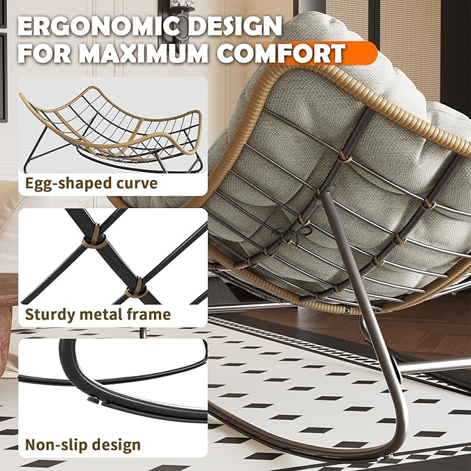 Outdoor Rocking Chair, 2 PCS Indoor Papasan Chairs, Oversized Egg Rocking Chair with Thick Cushion, Rattan Wicker Rocker Lounge Chair for Bedroom, Living Room, Patio, Garden, Porch (Light Grey)