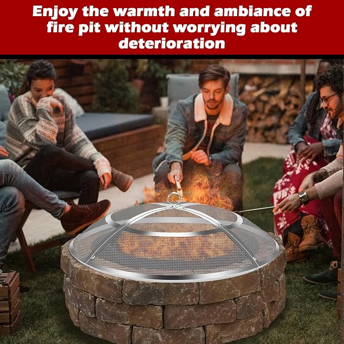 Fire Pit Spark Screen,27 Inch Fire Pit Screen Cover Stainless Steel Outdoor with Handle&Poker,Firepit Screens Cover Round Mesh Lid Heavy-Duty Steel Replacement for Backyard/Beach/RV Camping