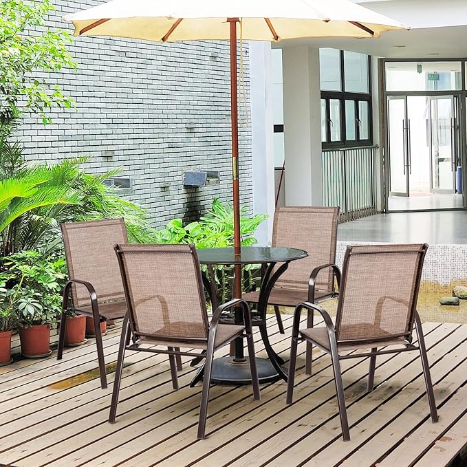 Tangkula 2 Piece Patio Dining Chairs, Outdoor Bistro Chairs W/Curved Armrests, Easy-to-Dry Fabric, Reinforced Steel Frame, Wide & Comfortable Camping Chairs for Garden, Poolside, Backyard (1, Brown)
