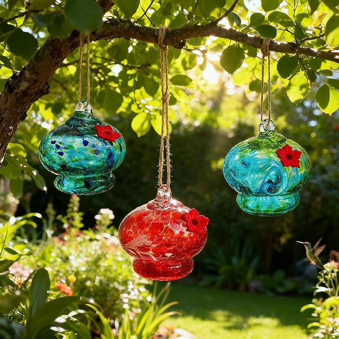 3pcs Blown Glass Hummingbird Feeder Hanging Glass Bird Feeders with Flower Feeding Ports for Window Backyard Garden Outdoor Decor Gifts for Women