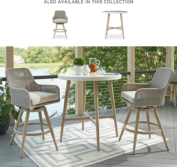 Signature Design by Ashley Seton Creek Casual Nuvella Weather Resistant Fabric, Resin Wicker Swivel Outdoor Bar Height Bar Stool with Cushion, Footrest and Armrest, Set of 2, Beige & Light Gray