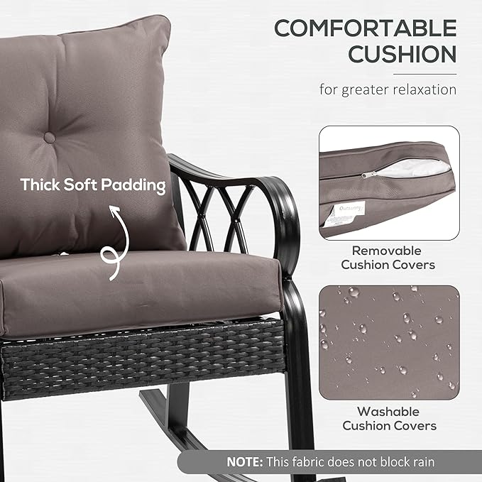 Outsunny Outdoor Wicker Rocking Chair with Padded Cushions, Aluminum Furniture Rattan Porch Rocker Chair w/Armrest for Garden, Patio, and Backyard, Gray