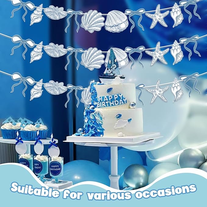 3 PACK Summer Banner Seashells Decor Party Decorations Party Supplies Birthday Decorations Blue Bow Starfish The Sea Summer Birthday Wedding Bachelorette Under Paper Hanging Banner for Baby Showre