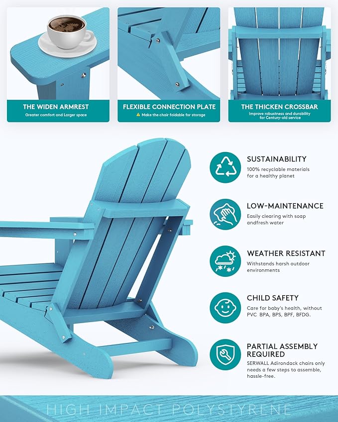 SERWALL Foldable Adirondack Chair Set of 4 for Patio Garden Outdoors- Aruba Blue