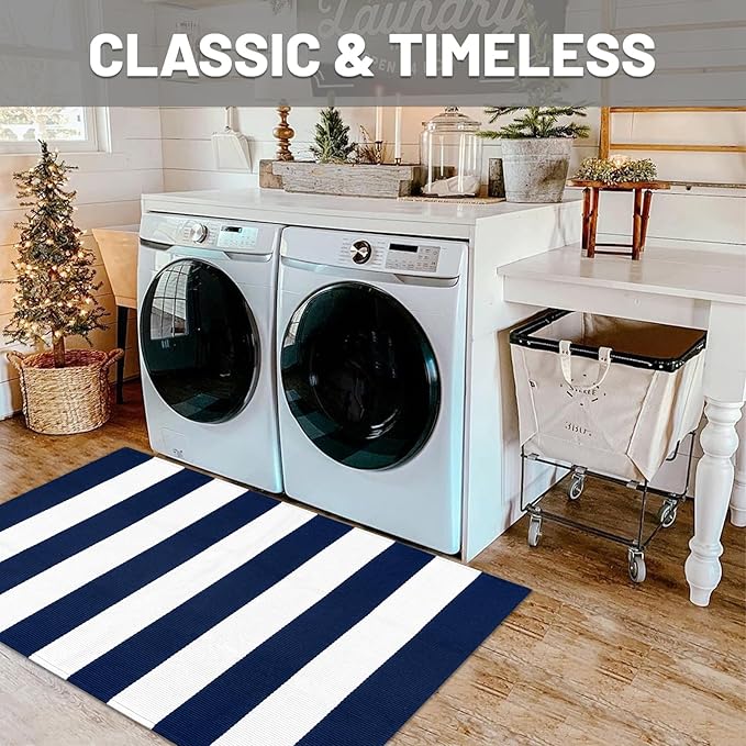 IOHOUZE Navy White Striped Rug -3x5 Front Door Mats Outdoor,Washable Rug for Front Porch Decor,Spring Summer Welcome Mats Outdoor Indoor, Doormat for Farmhouse/Entryway/Home Entrance