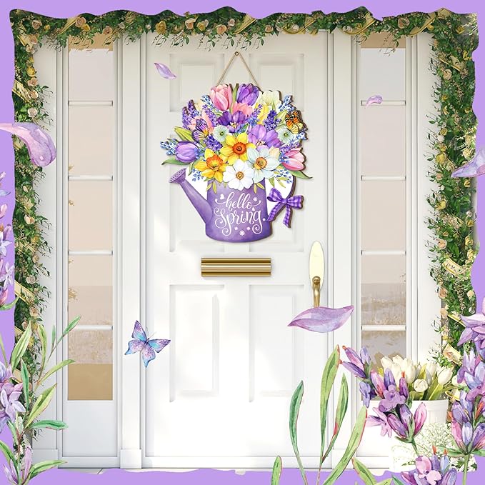 Juexica Hello Spring Door Sign for Front Porch - Flower Hanger Wreaths, Wooden Hanging Decor, Rustic Welcome Sign for Wall Pediments Decorations