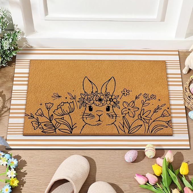 Tinideya 2 Pcs Easter Day Door Mat Welcome Outdoor Non Slip Coir Mats Flower and Bunny Floor Layering Doormats Seasonal for Front Porch Entryway Decor (Easter Bunny)