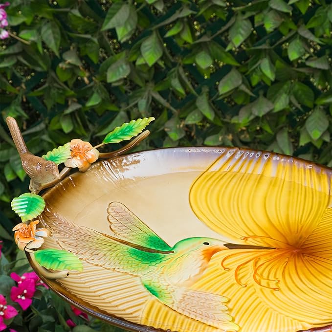 Alpine Corporation 32" H Outdoor Metal Birdbath w/Stylish Stand, Hummingbird Birdbath Bowl and Stand Set, Yellow/Gray