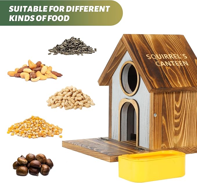 MIXXIDEA Wooden Squirrel Feeder, Large Capacity Squirrels Feeders for Outside, Sturdy Construction, No Assembly Lovely Chipmunk Feeder for Corn, Peanut, Nuts, Chestnuts (XL Size with Water Bowl)