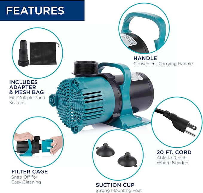 Alpine Corporation 4700 GPH Vortex Submersible Water Pump with 20 Ft Cord for Ponds, Fountains and Water Circulations, Quiet Operation Vertical/Horizontal, 18.5 Ft Lift 216 Watts, Black/Teal