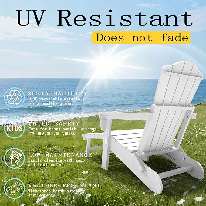 Folding Adjustable Adirondack Chairs with Ottoman & 1 Cup Holders Set of 4, HDEP Multifunctional Adirondack Chair with Footrest,White