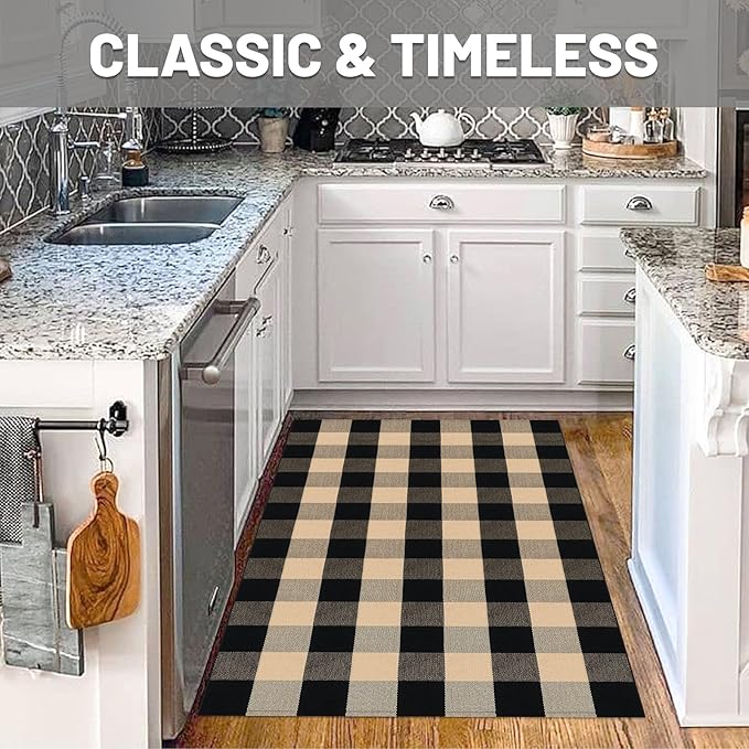 IOHOUZE Buffalo Plaid Checkered Rug 4x6 Ft Front Door Mats, Washable Area Rugs for Front Porch, Welcome Mats Indoor Outdoor, Entryway Rug for Entryway, Home Entrance, Tan Black