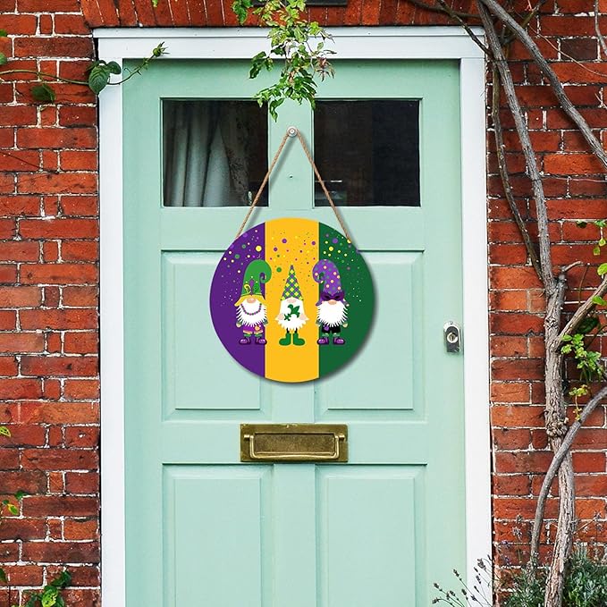 Mardi Gras Gnomes Door Sign For Front Door Decor,Purple Yellow Green Dot Wooden Sign 12"x 12" Round Wood Hanging Door Sign Decoration for Wall Rustic Farmhouse Decor