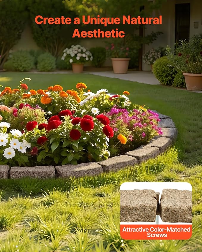 VEVOR Faux Stone Landscape Edging, No Dig Garden Edging Border, Flexible Blocks for Lawn Edging, Flower Beds, Driveway, Yards with 12 Spikes, 4 Pack 24 Bricks 16FT Kit, 46.5" Lx 3.7" W x 2.2" H, Beige
