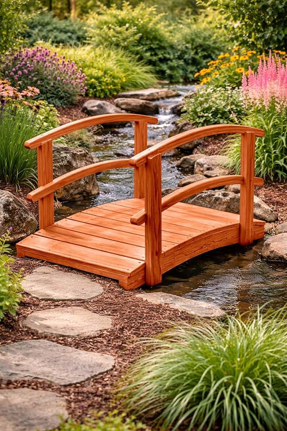 4 FT Cedar Amish Made Garden Bridge with Double Rails for Walkway, Backyard Pond & Landscaping, Outdoor Wooden Footbridge for Koi Pond, Japanese Style Decorative Bridge, Made in USA
