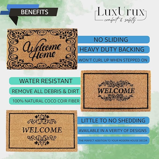 LuxUrux Welcome Mats Outdoor Coco Coir Doormat, with Heavy-Duty PVC Backing - Natural - Perfect Color/Sizing for Outdoor/Indoor uses. (17 x 36)