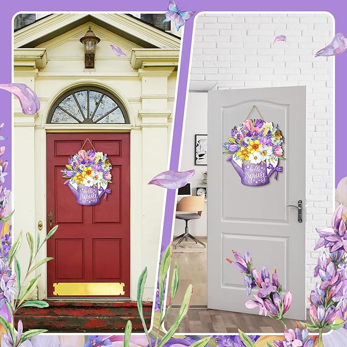 Juexica Hello Spring Door Sign for Front Porch - Flower Hanger Wreaths, Wooden Hanging Decor, Rustic Welcome Sign for Wall Pediments Decorations