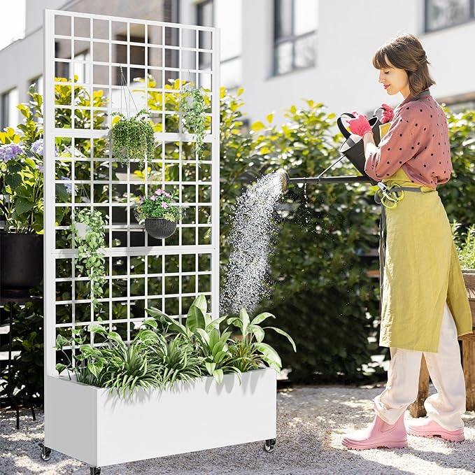 Casaphoria Metal Raised Garden Bed with Trellis and Wheels, 72"x35"x16" Planter Box for Climbing Plants, Vegetables & Vines, Features Drainage Holes and Privacy Screen (White-Grid)
