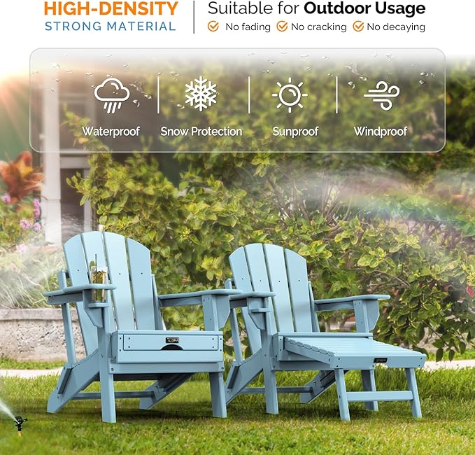 VINGLI Folding Adirondack Chair Set of 4 with Ottoman, Waterproof Plastic HDPE Firepit Chair for Outside with Hidden Footrests, Foldable Ergonomics Seating for Patio Porch Yard Garden(Blue)