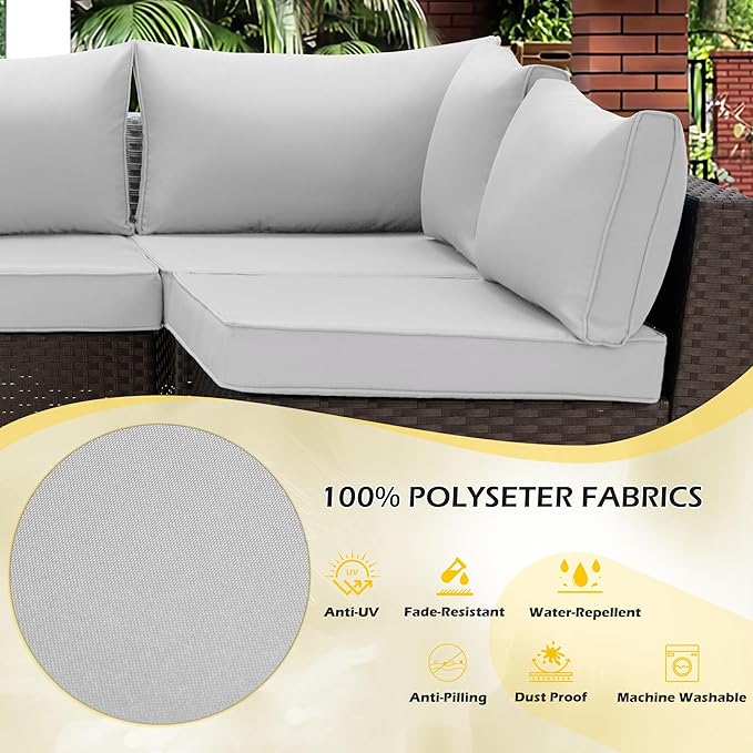 HOMREST Outdoor Replacement Cushions for Patio Furniture,Water-Repellent Sofa Cushion for 6-Seat Rattan Wicker Sectional Patio Conversation Sets,14-Piece Cushions Set for Outdoor Couch（Light Grey）