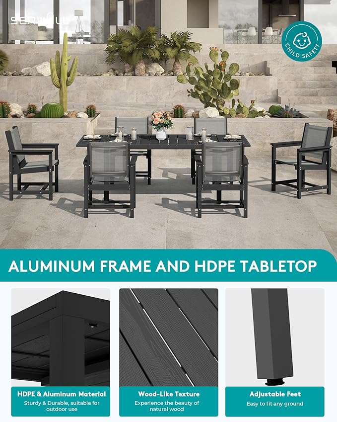 SERWALL 5-Piece Outdoor Table and Chairs, 60" - 83" Expandable Outdoor Dining Table with 4 Breathable Textilene Chairs, All Weather HDPE Patio Furniture Set for Backyard, Garden, Black