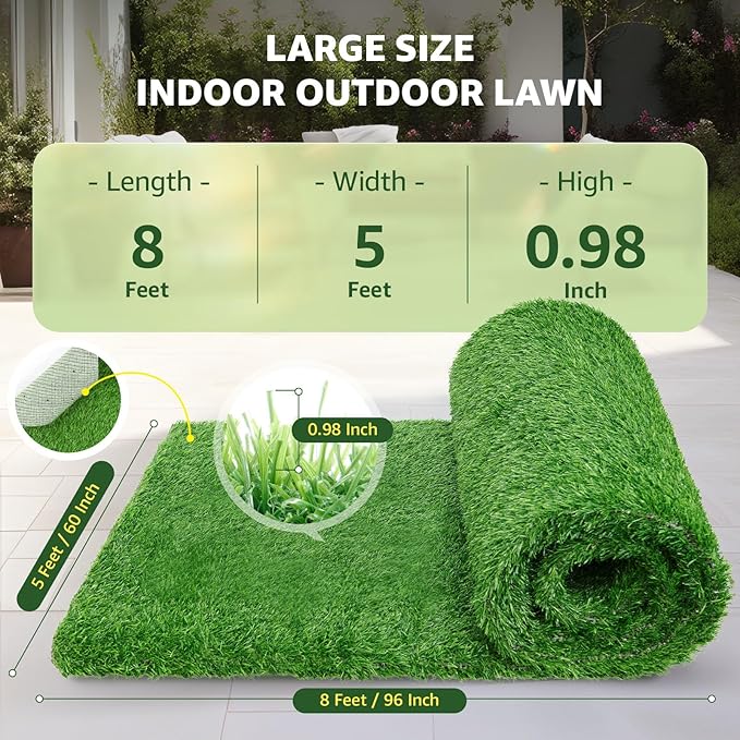 LOOBANI Synthetic Artificial Turf, Artificial Grass for Dog Potty with Drainage Holes, Fake Grass Rug for Garden Landscape Balcony Patio Backyard Decoration, 5 Feet x 8 Feet
