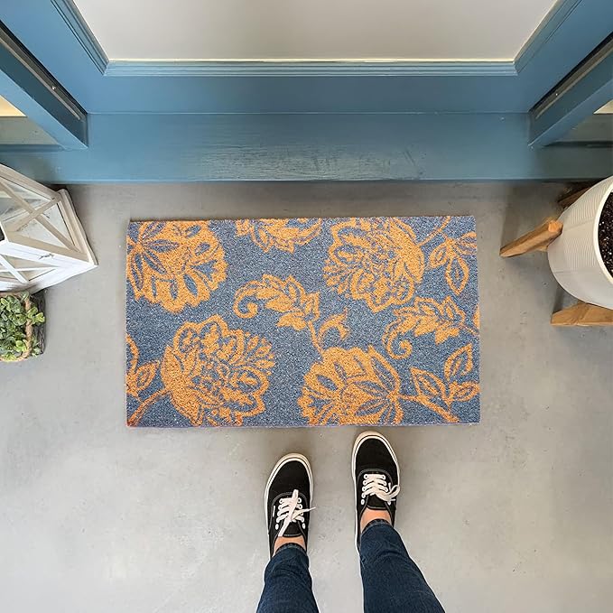 Coir Door Mat, Entryway Floor Mats with Non-Slip PVC Backing, Indoor Outdoor Mat for Front Door Decor, Door Mat, Welcome Mats with Floral Print, Light Blue, 30"x17"