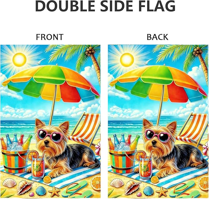 Summer Garden Flags for Outside 12x18 Double Sided, Burlap Beach Yorkie Dog Garden Flag Summer Coastal Decoration, Small Decorative Ocean Outdoor Yard Lawn Porch Flags