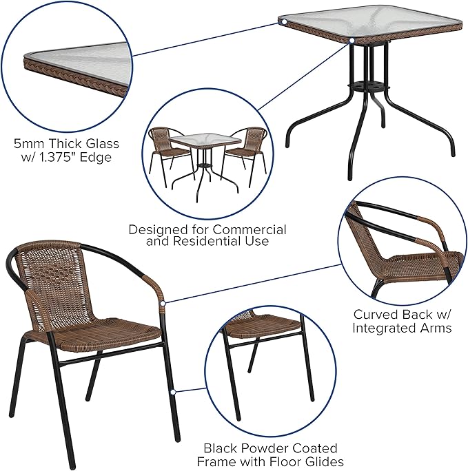 Flash Furniture Lila 3-Piece 28" Square Indoor/Outdoor Patio Table and Chairs Set, Glass Metal Bistro Table and 2 Stacking Rattan Chairs, Brown