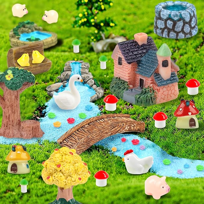 50 Pcs Fairy Garden Miniatures Accessories Bridge House Landscape Water Well Animal Fence Tree Sand Chair Table Pond Mushroom Lawn Ornament for DIY Craft Mini Garden Scenery Succulent Decor