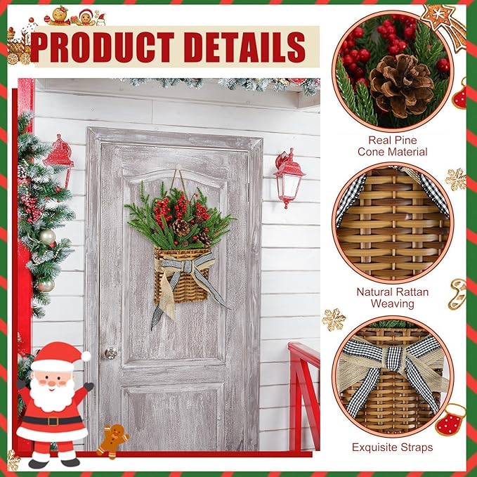 Christmas Door Hanger Basket Wreath, Artificial Hanging Basket Wreath for Front Door Norfolk Pine Wreathes with Red Berries & Pine Cones for Christmas Farmhouse Indoor Outdoor Decoration