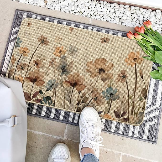 Artoid Mode Poppy Floral Leaves Spring Doormat, Home Summer Decor Low-Profile Switch Rug Door Mat Floor Mat for Indoor Outdoor 17x29 Inch