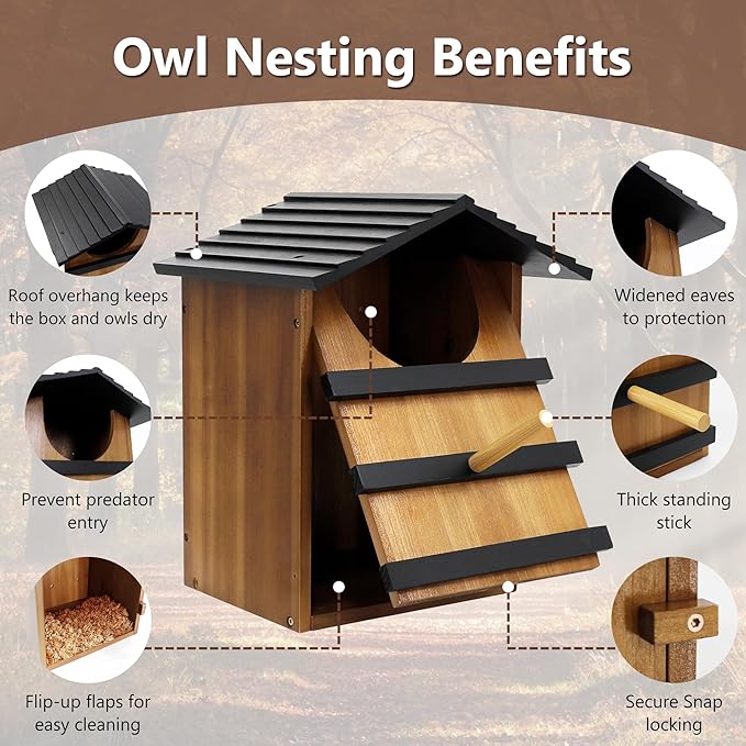KOOPRO Screech Owl House for Outdoors, Large Barn Owl Nesting Box Wooden Bird House for Outside with Shavings Bird House, 14.5×9.4×7.8 Inches Easy Assembly Required