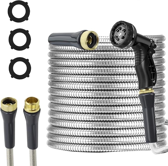 Stainless Steel Garden Hose 25ft Heavy Duty Metal Water Hoses with 10 Function Water Hose Nozzles for Yard Outdoor
