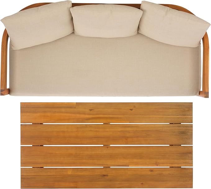 SAFAVIEH Outdoor Patio Furniture Collection - Kento Natural Wood 3-Seater Sofa with Taupe Cushions, Wide & Comfortable Deep Seating, Modern Design (PAT7098A)