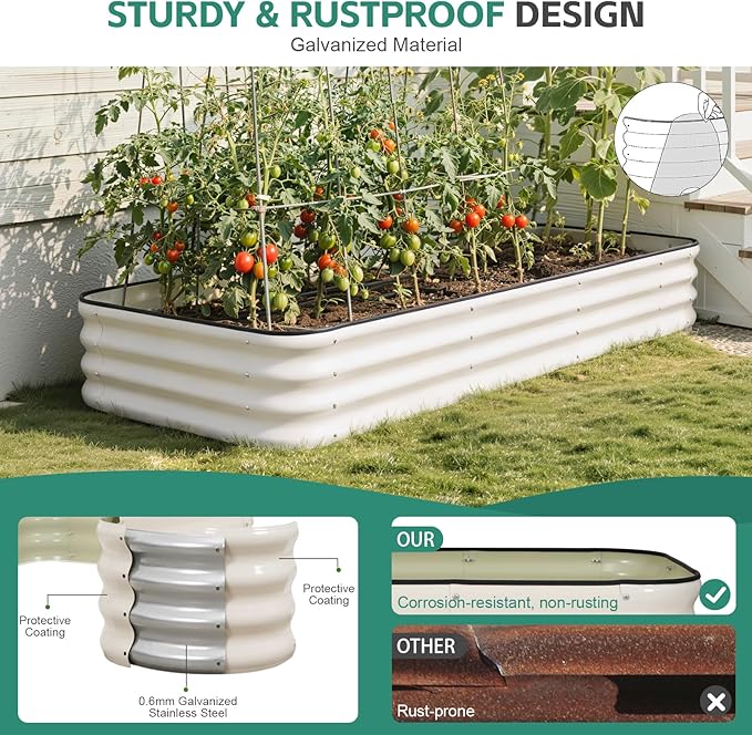 5 in 1Galvanized Raised Garden Bed - 8x3x1ft Modular Garden Planter Bed Outdoor | Steel Raised Bed Kit with Bracing Rods, Gloves for Gardening Vegetables Fruits and Flowers (White)