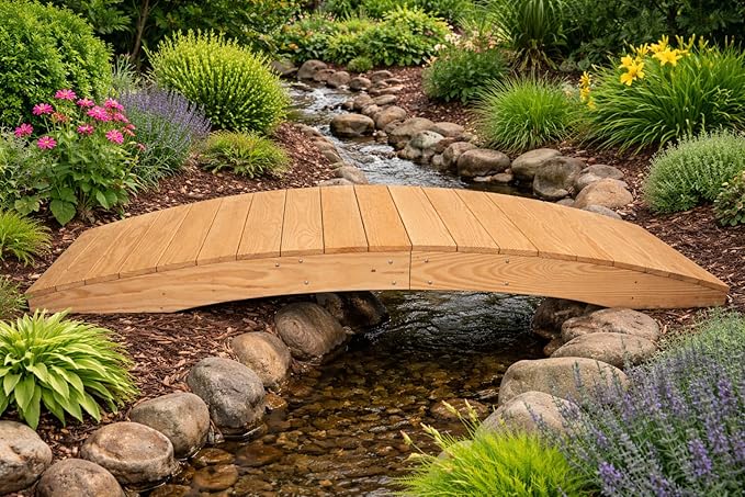 8 FT NATURAL Amish Made Pinewood Heavy Duty Garden Bridge for Walkway, Backyard Pond & Landscaping, Outdoor Wooden Footbridge for Koi Pond, Japanese Style Decorative Bridge, Made in USA