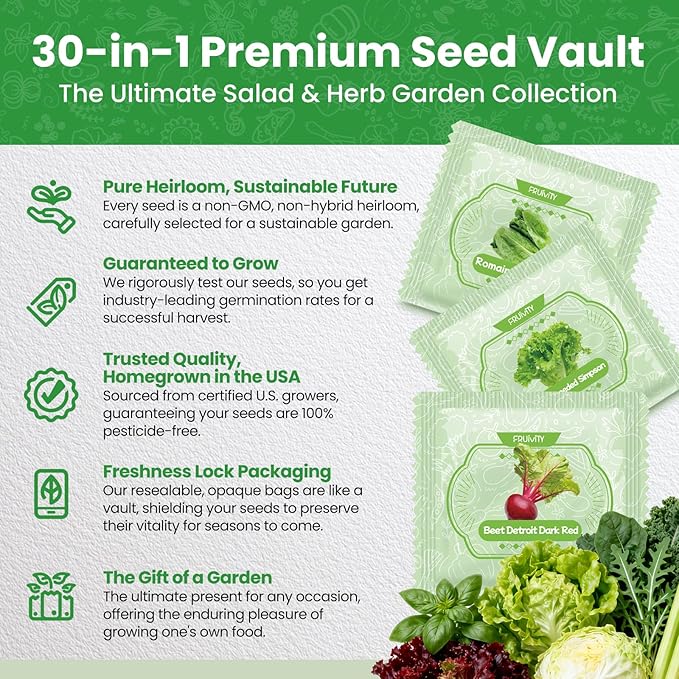 30 Heirloom Seeds Variety Pack - 18500+ Non-GMO Seeds for Planting Vegetables, Home Garden Seeds for Hydroponic, Indoor and Outdoor, Valentines Unique Gift for Mother, Women, Mom, Friend, Her