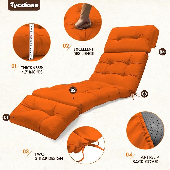 Waterproof Outdoor Chaise Lounge Cushion 74.4 x 22 x 4.7 Inches Memory Foam Lounge Chair Cushions for Outdoor Furniture with Ties, Thickened Pool Chaise Lounge Chair Cushions, Orange