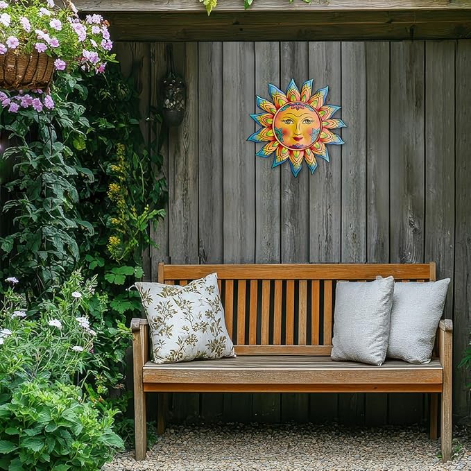 Daogtc Metal Sun Flower Wall Decor,13inches Sun Wall Art Hanging Decoration for Indoor and Outdoor, Garden Farmhouse Yard Patio Fence Living Room Bedroom Decor