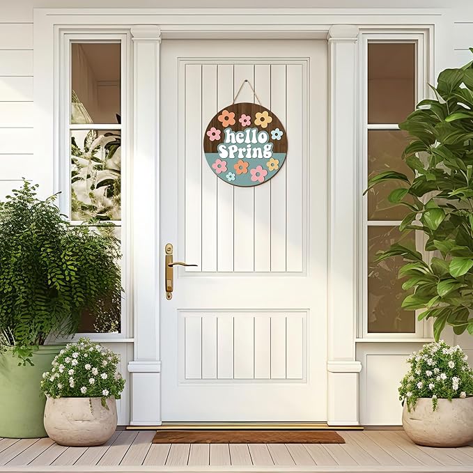 Whaline Hello Spring Wooden Hanging Sign Retro Boho Flower Wreath Sign Farmhouse Rustic Floral Door Hanger Sign for Indoor Outdoor Home Porch Window Decor